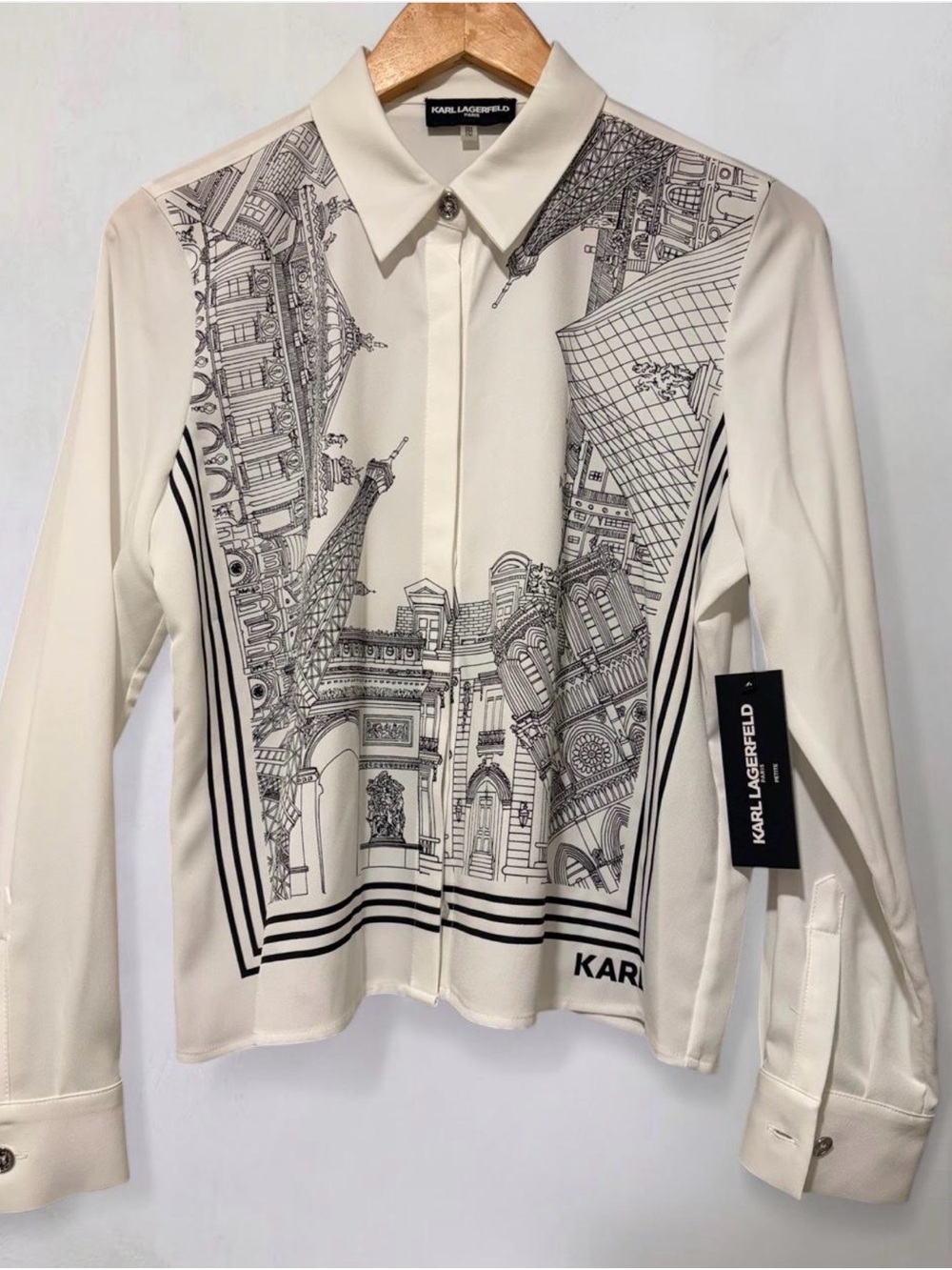 NWT Karl Lagerfeld Paris Placed Print Scenic Blouse White Button Down Petite M